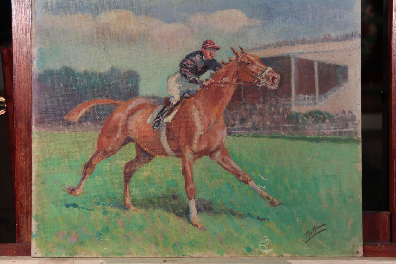 Null 奥德特-杜兰德（1885-1972），人称DETT

"在赛马场上，波城"。

布面油画，右下角有签名

32,5 x 40,5 cm

附上 "看台&hellip;