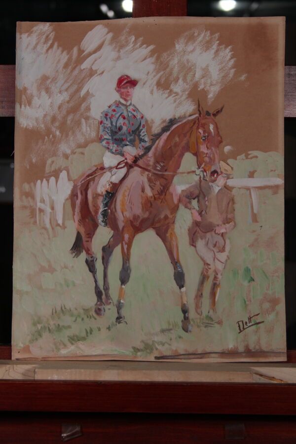 Null 奥德特-杜兰德（1885-1972），人称DETT

"比赛开始"。

纸上水粉画，右下角有签名

36,5 x 28,5 cm

附上 "比赛中的马&hellip;