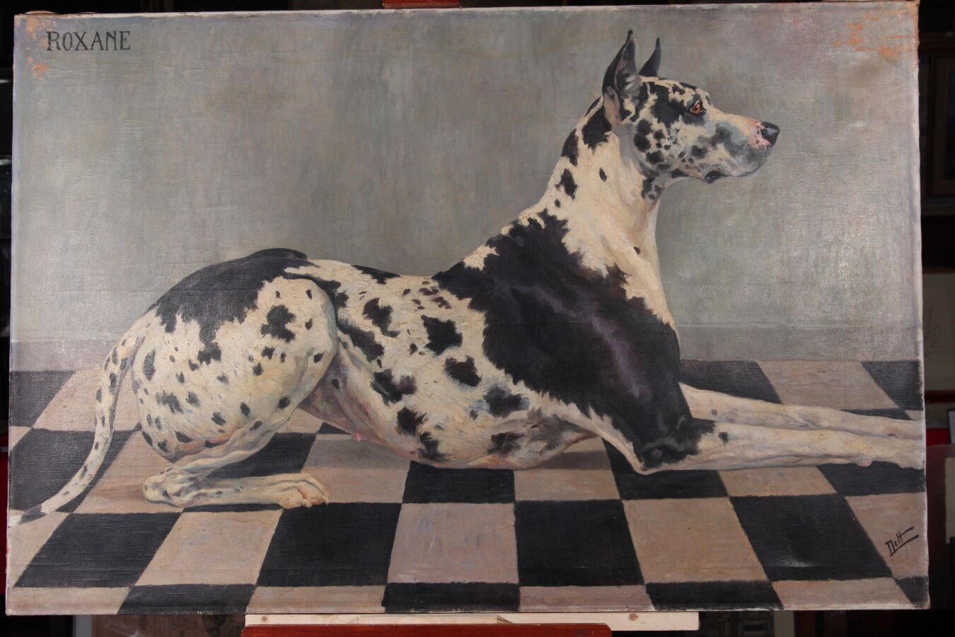 Null 奥德特-杜兰德（1885-1972），人称DETT

"Roxanne

一只大丹犬的画像

97 x 146,5 cm

纸板上的3幅油画《狗的研究&hellip;