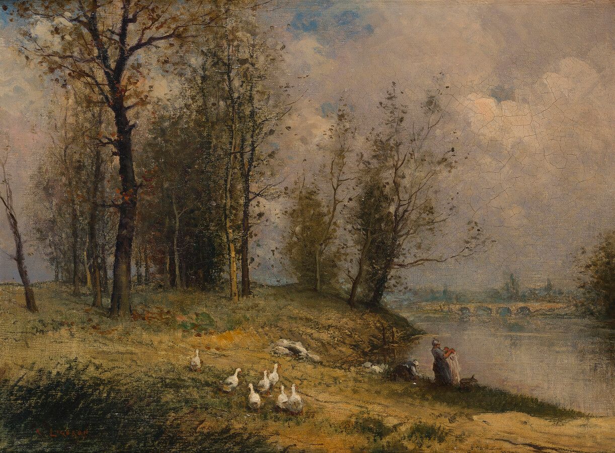 Null 勒内-利格隆 (生于1880年)

"早晨的平静"。

布面油画，左下角有签名

(背面的片子，修复)

46,5 x 61,5 cm