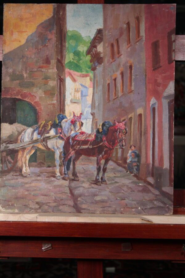 Null 奥德特-杜兰德（1885-1972），人称DETT

"西班牙巴斯克地区的村庄

布面油画

46 x 38 cm

两幅纸板上的油画《马的研究》。
&hellip;