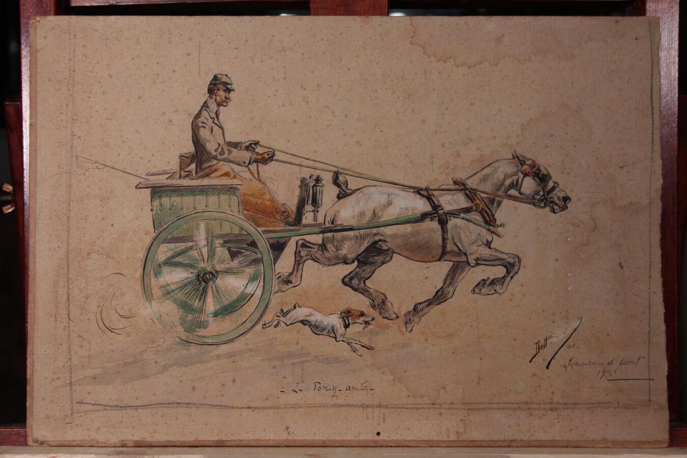 Null 奥德特-杜兰德（1885-1972），人称DETT

"小马车"。

纸板上的水彩画，左下角签名，32 x 47.5厘米

附3幅水彩画《马的研究》。&hellip;