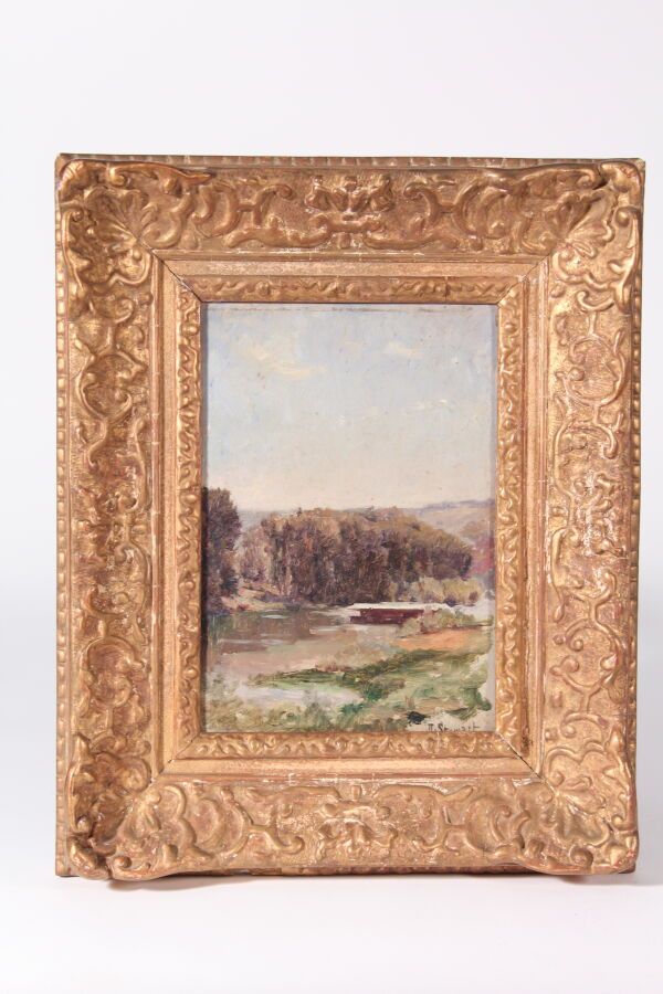 Null 斯特沃特

"河边的风景

右下角有签名的板上油画

21 x 15厘米

木质和镀金灰泥框架内，装饰有树叶