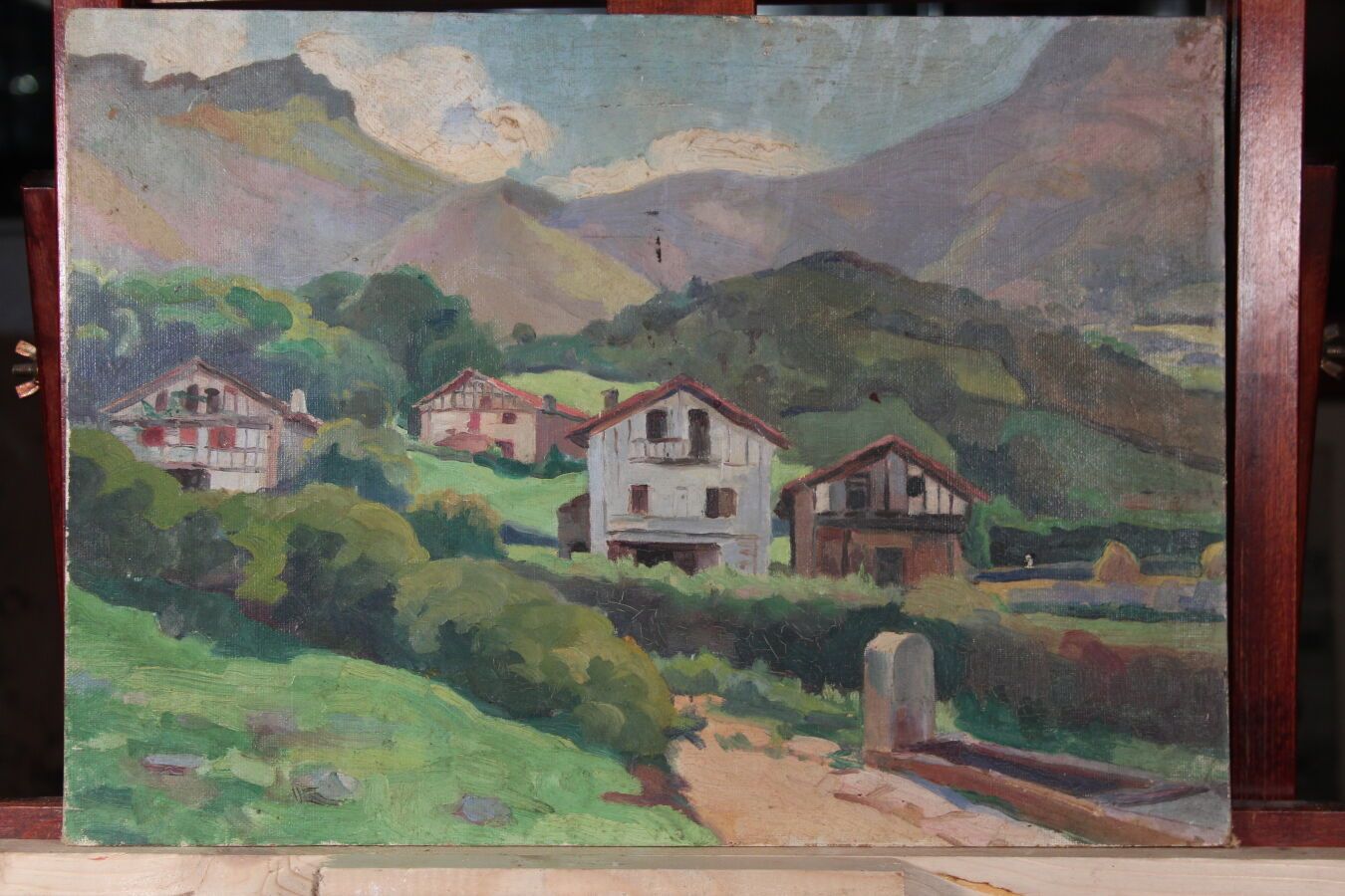 Null 奥德特-杜兰德（1885-1972），人称DETT

"巴斯克地区的村庄

纸板上的油彩

33 x 46 厘米

背面有出售的印章