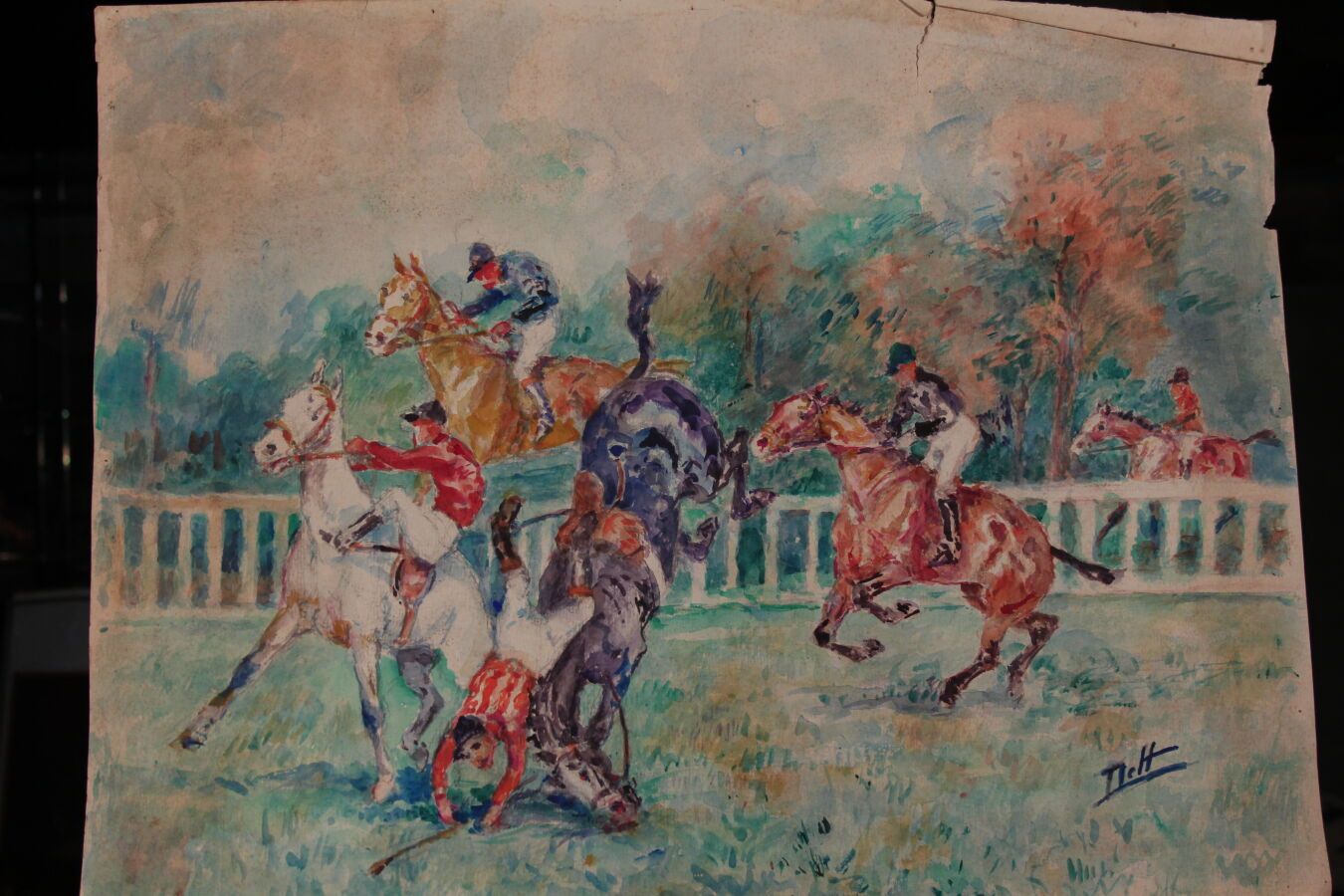Null 奥德特-杜兰德（1885-1972），人称DETT

"在比赛中摔倒"。

纸上水彩画，右下角有签名

50 x 64 厘米

(泪水)

附上 "比&hellip;