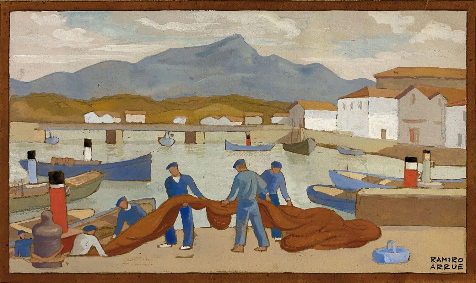 Null 拉米罗-阿鲁埃(1892-1971)

西布尔的渔民和他们的渔网

水粉画，右下方有签名。

12.8 x 22.7厘米。

在玻璃下装裱。