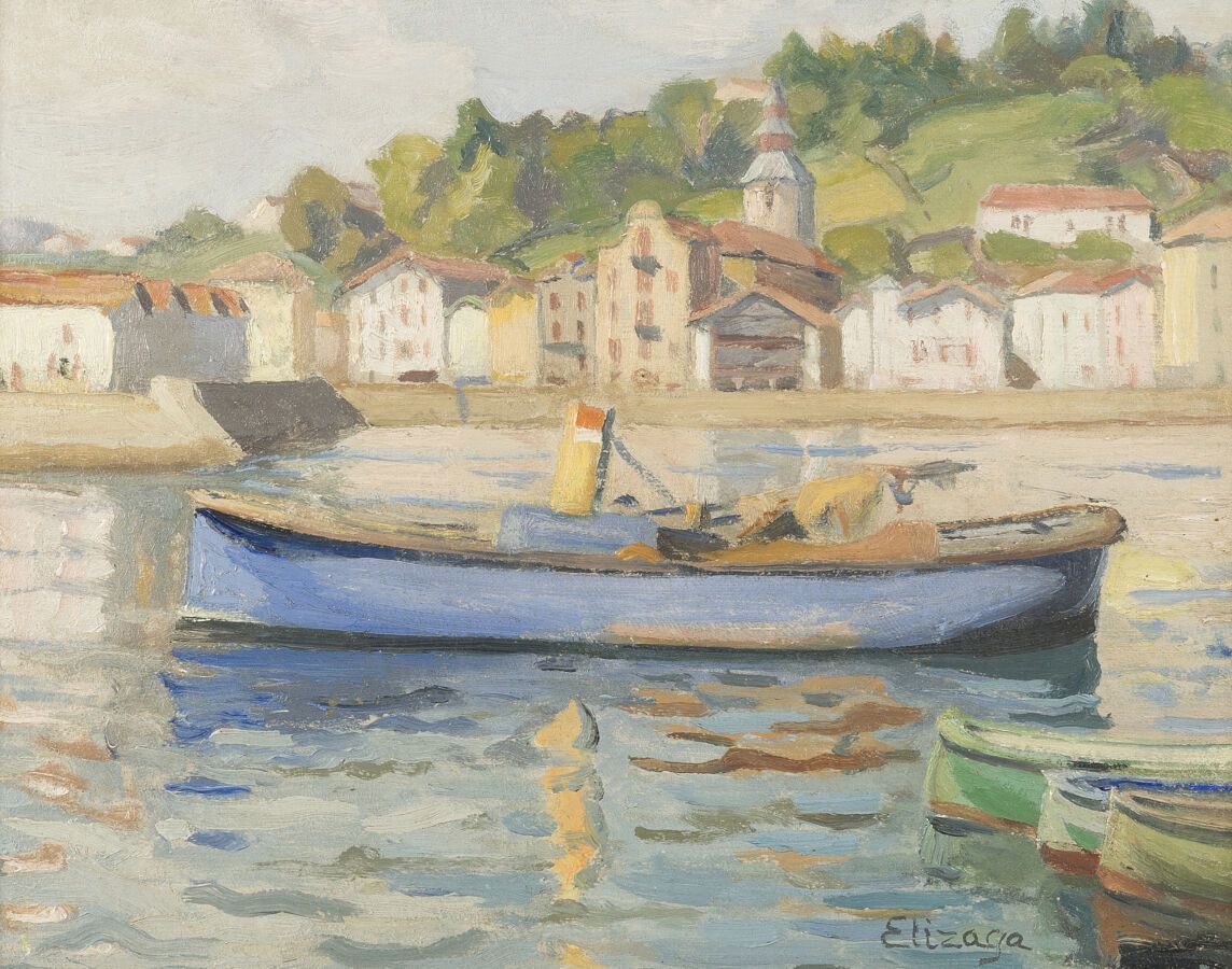 Null 埃莱娜-埃利萨加(1896-1981)

拉威尔码头前的船

纸板上的油画，右下方有签名。

27 x 35厘米。

在一个模制的橡木框架内。