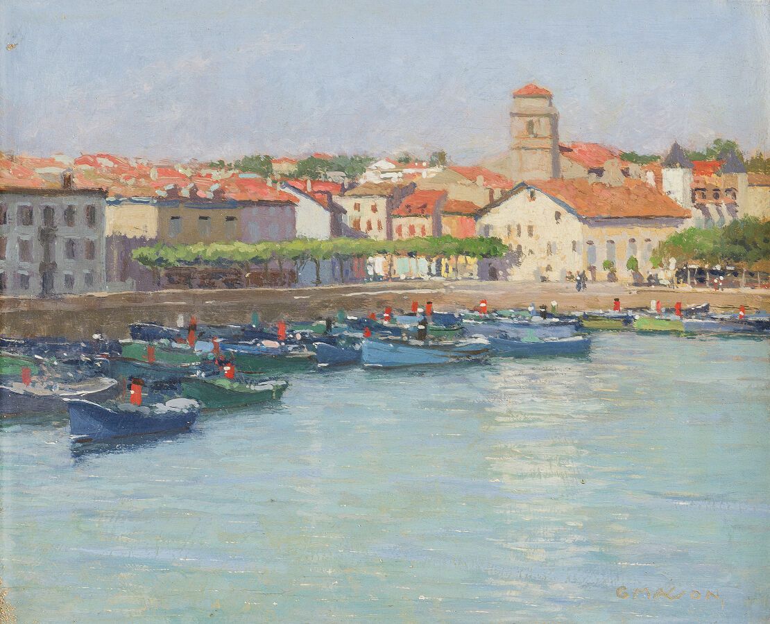 Null 乔治-马松 (1875-1949)

圣-让-德-卢斯的港口

面板油画，右下角有签名，位于背面。

19 x 23,5 cm。

在一个模制的橡木框&hellip;