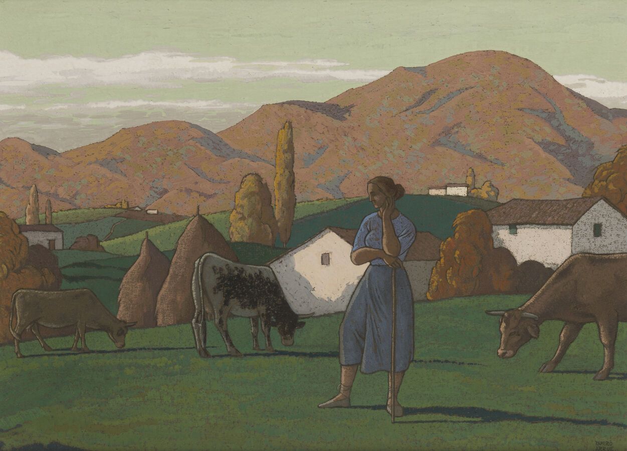 Null 拉米罗-阿鲁埃(1892-1971)

牛郎织女

水粉画，右下方有签名。

视线尺寸：42.5 x 58.5厘米。

在玻璃下装裱，用模制的橡木框架&hellip;