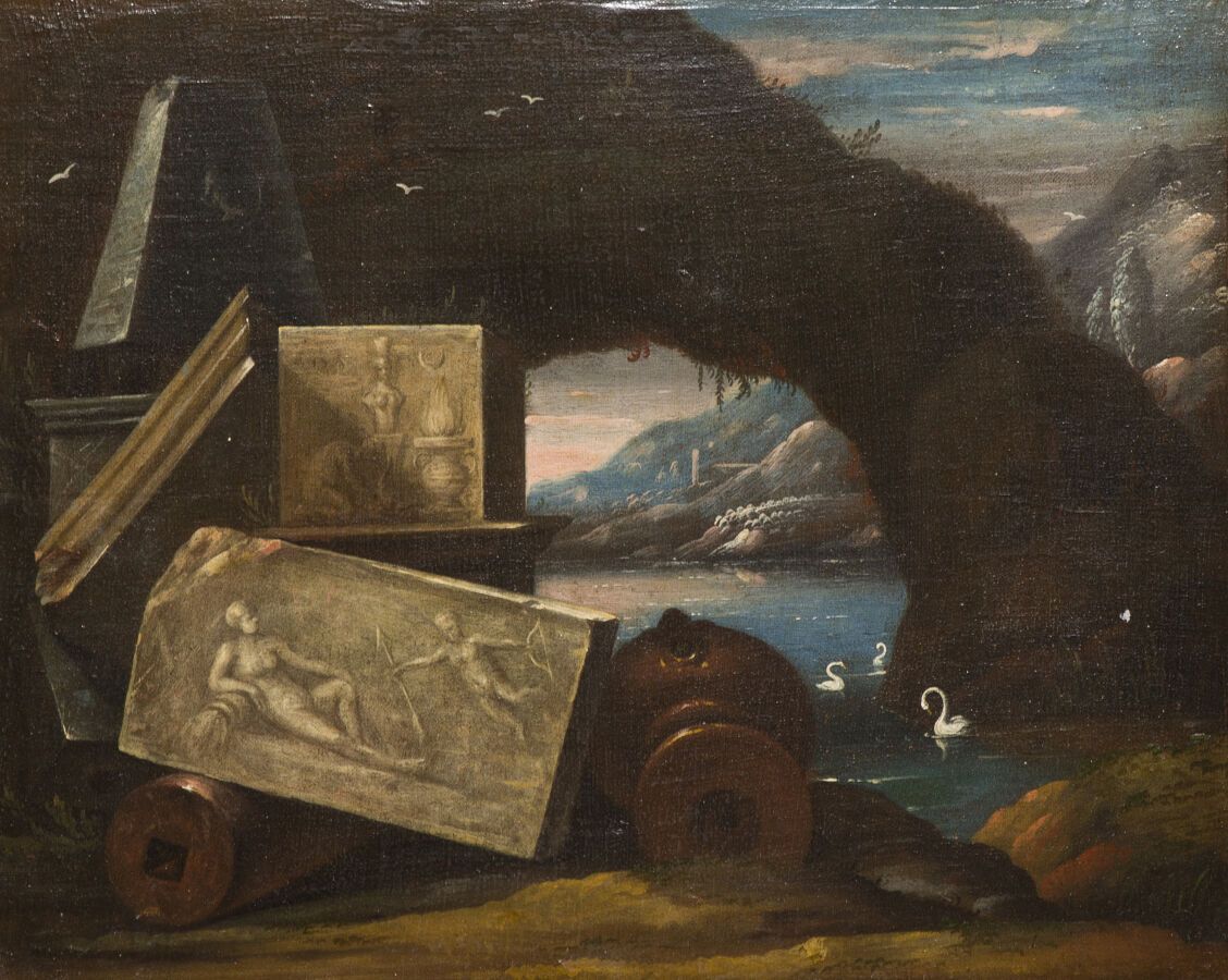 Null 归功于亨利-弗格森（海牙，1665-图卢兹，1730）。

湾边石窟和古代浮雕的建筑小品

原有画布上的油画

36 x 44.5厘米

18世纪初
&hellip;