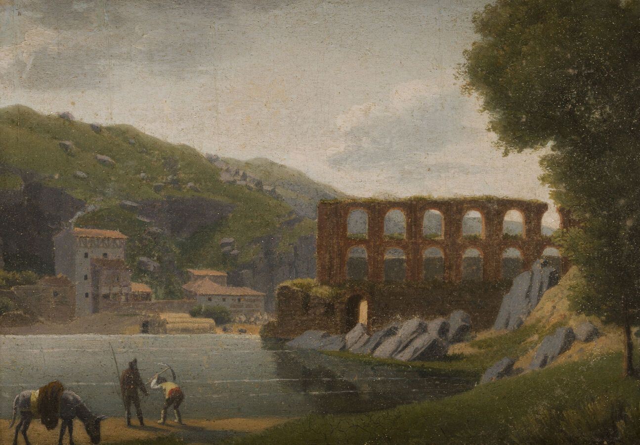 Null 1820年左右的法国学校

景观与毁坏的水渠

纸上油彩装在画布上

18,5 x 26 cm

在19世纪初的镀金框架中，有心形的葡萄
