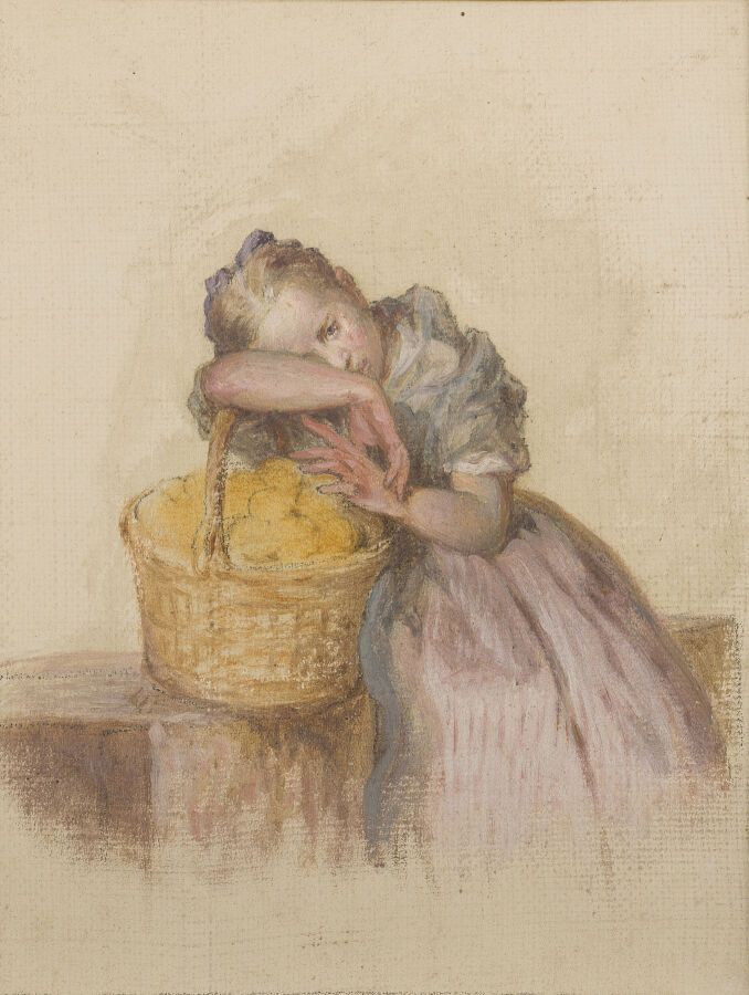 Null 19世纪初的学校

年轻的卖蛋人

铅笔和油画的研究，装在纸板上的画布

17 x 13 cm

装在一个古色古香的鎏金框架里