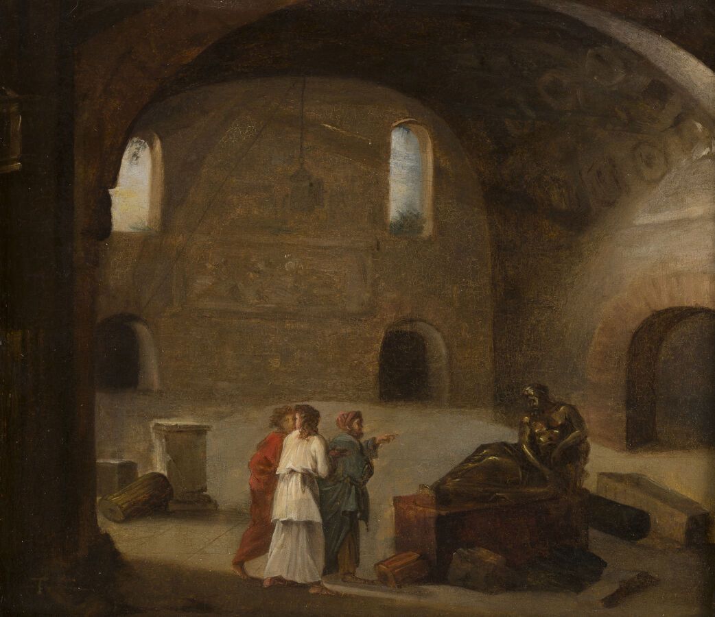 Null 归功于尼古拉-安托万-陶奈（1755-1830）。

三个人物在一个有考古遗迹的拱形房间里

有线面板上的油画

25,5 x 29 cm

左下角有&hellip;