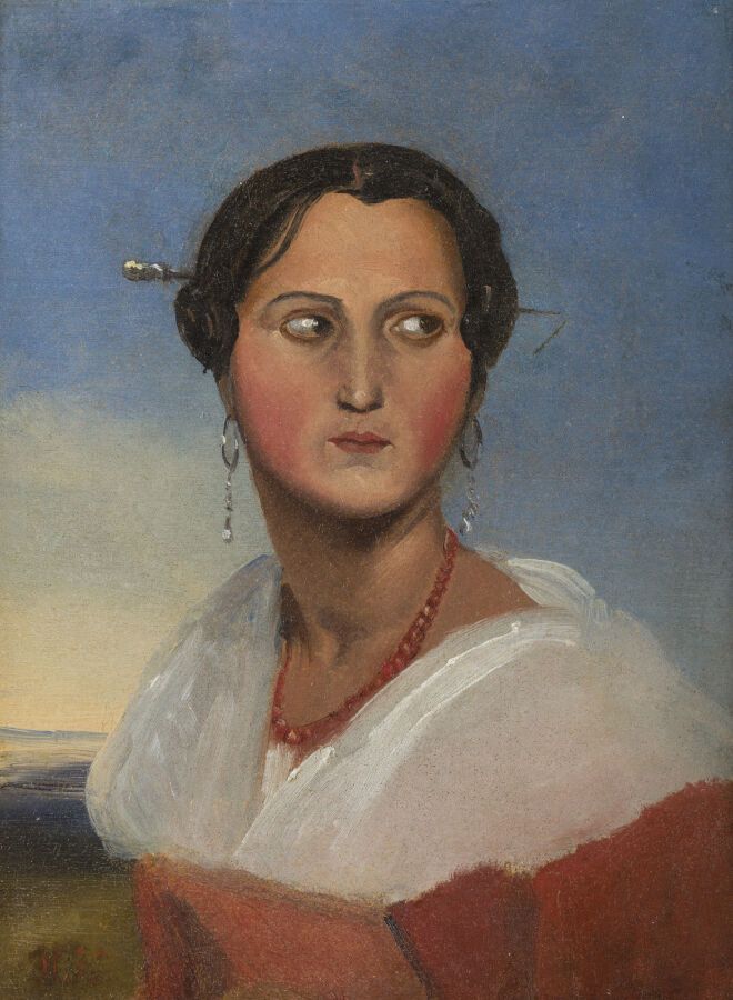 Null 约1820年的法国学校

乡下的意大利妇女半身画像

纸上油彩，原装在画布上

22 x 16 cm

(最近清洗过，略微重新喷过漆)

左下角有红色&hellip;