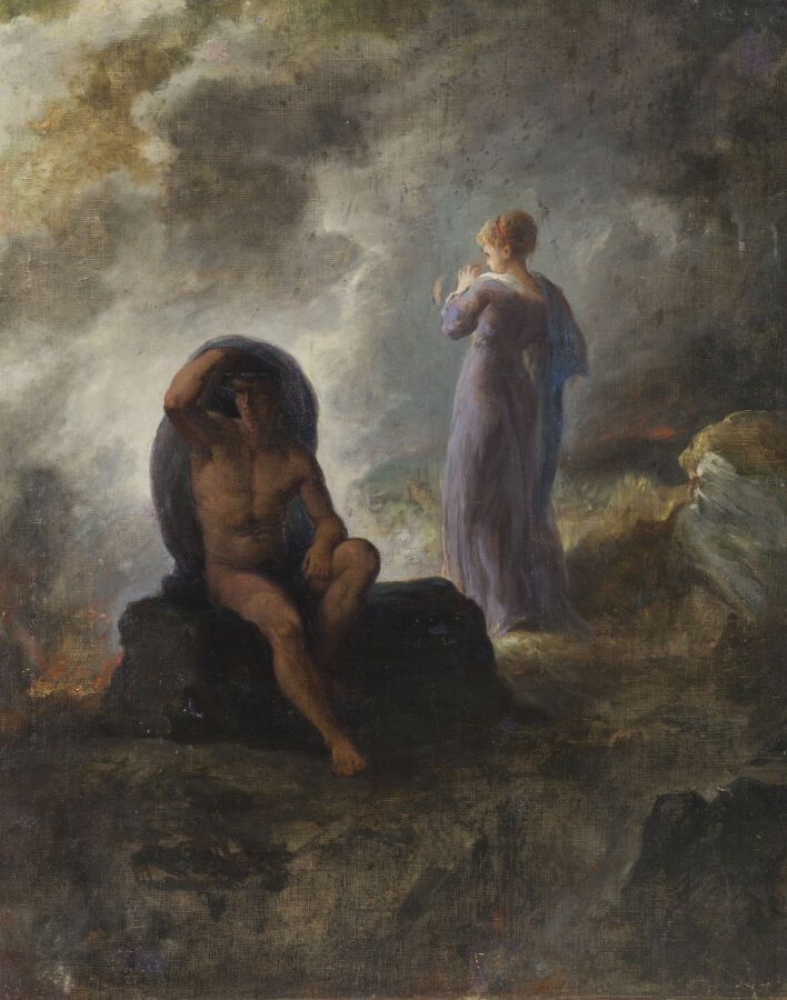 Null 归属于19世纪中期的法国画派

火山喷发边缘的两个人物

布面油画

81 x 65 cm

一些轻度污渍或重绘

无框架