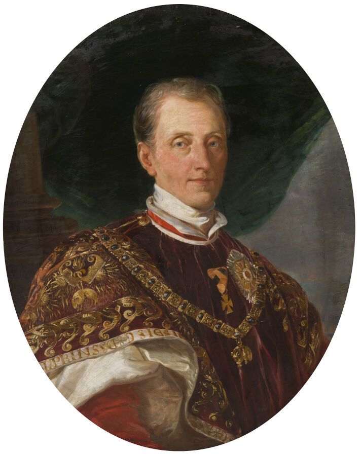Null 19世纪的奥地利学派

金羊毛贵族的肖像（可能是梅特涅亲王的肖像）。

布面油画，椭圆格式

90 x 68,5 cm

(上边缘有轻微的污渍和磨损)&hellip;