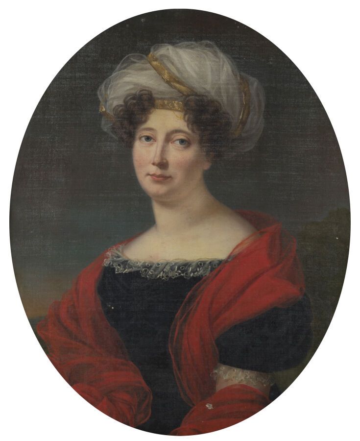 Null 约瑟芬-加勒芒（凡尔赛，1785 - 巴黎，1836）。

披着红色披肩的女子椭圆形画像

原始帆布

73 x 60厘米

右侧有签名和日期："Jo&hellip;