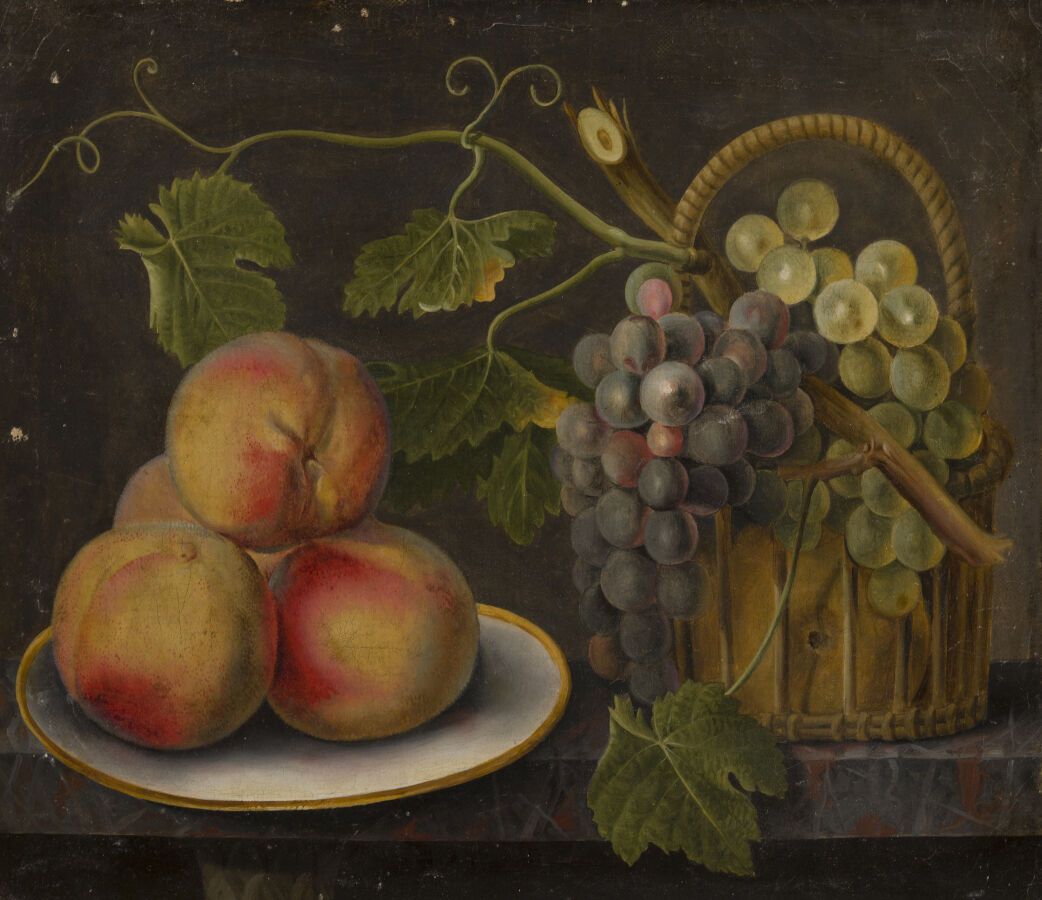 Null 克里斯蒂安-范波尔（1752-1813）的随行人员

一盘桃子和一篮子葡萄

画布上的油画和原始担架

31 x 37厘米

(轻微的油漆脱落)

无&hellip;