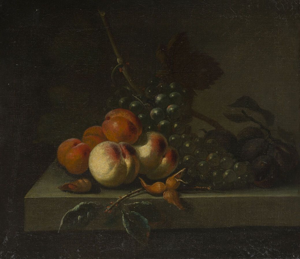 Null 法国学校，17世纪下半叶

静物与水果

一对布面油画

每个：31 x 35厘米

(略微重新粉刷过)。

无框架