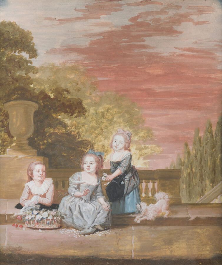 Null 18世纪的法国学校

栏杆前的三个孩子和一只狗

水粉画在牛皮纸上

28 x 23 cm

在一个路易十六时期的框架中