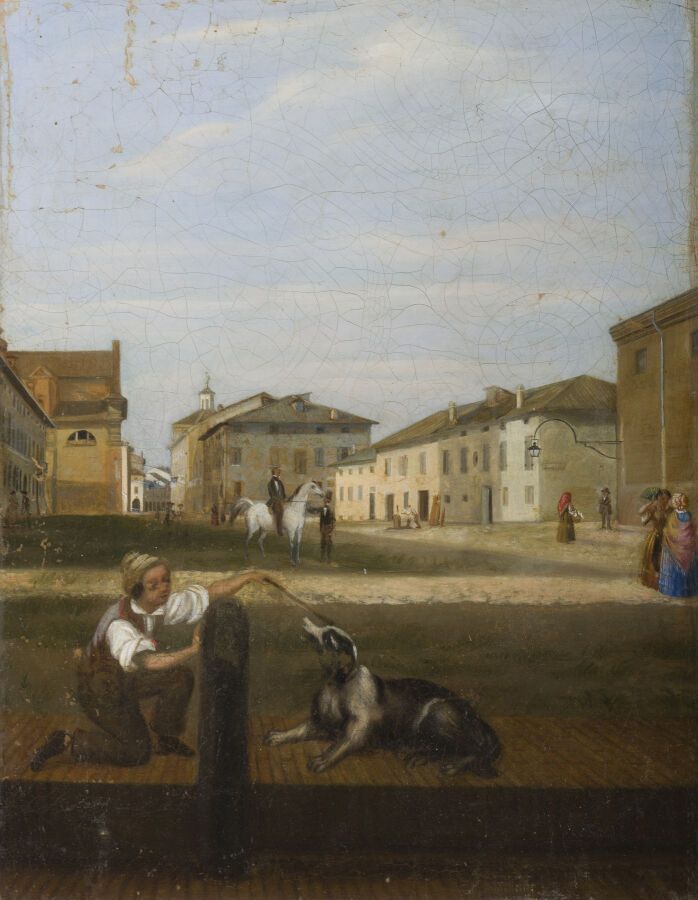 Null 复兴时期的法国学校

热闹的乡村广场

布面油画

41 x 32 cm

(有些磨损)

1820-1830

无框架