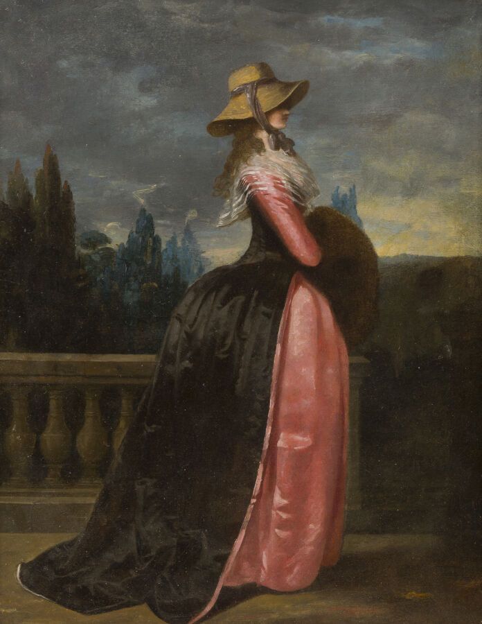 Null 归功于罗伯特-勒夫（1755 - 1830）。

带着粉色围巾和裙子的女人的画像

帆布，原版担架

40,5 x 32,5 cm

背面的题词是 "&hellip;