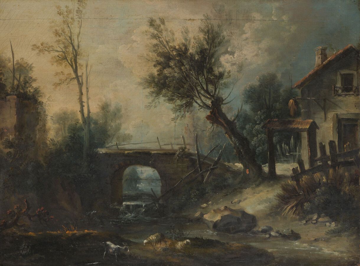 Null 18世纪中期的法国画派，弗朗索瓦-布歇（1703-1770）的随行人员

有农场和桥梁的乡村风景

布面油画（19世纪上半叶的衬托）。

43 x 5&hellip;
