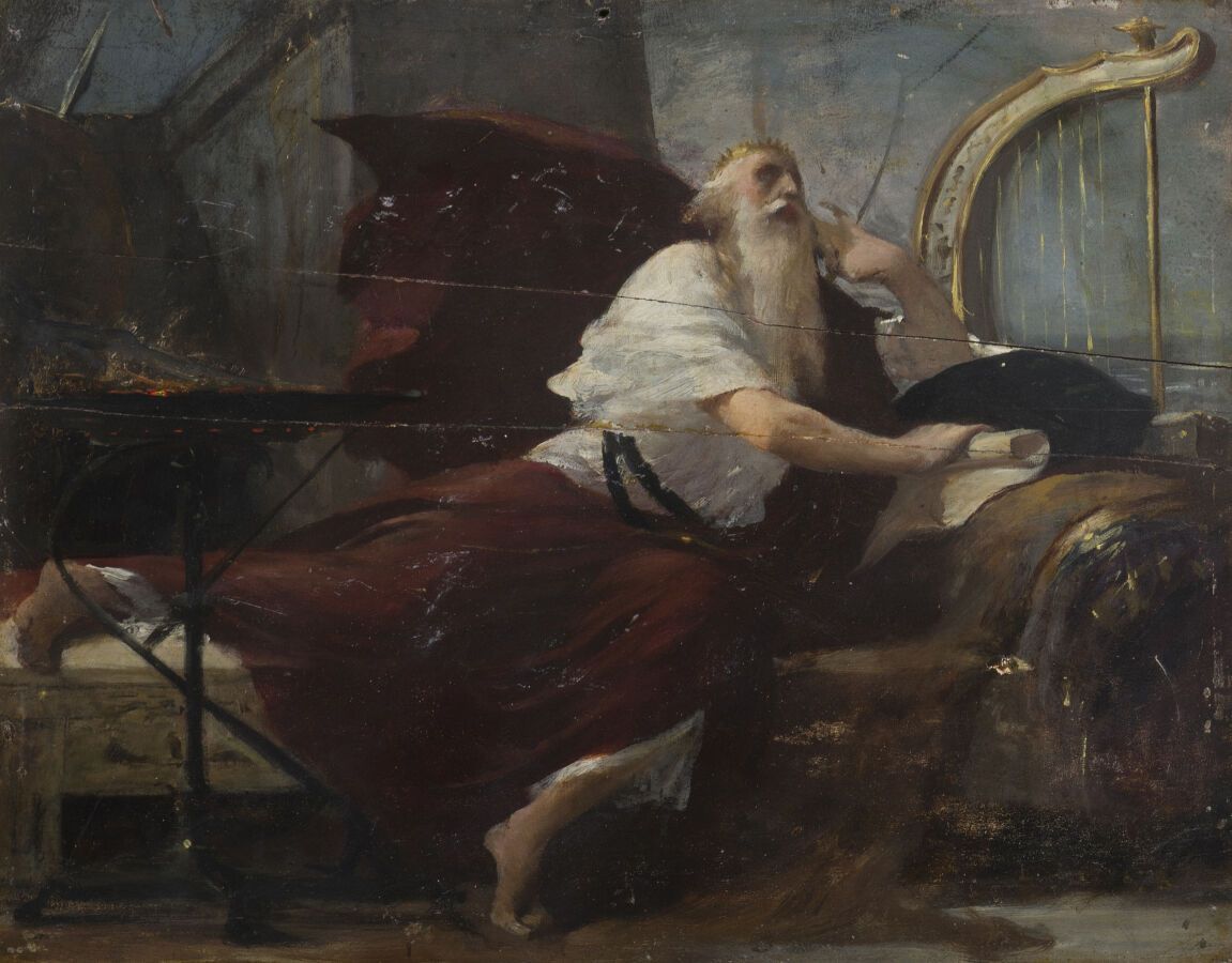 Null 19世纪中期的法国学校

大卫王在他的竖琴前沉思

木板上的油画素描（面板裂开并在中间粘上了胶水）。

27 x 35厘米

无框架