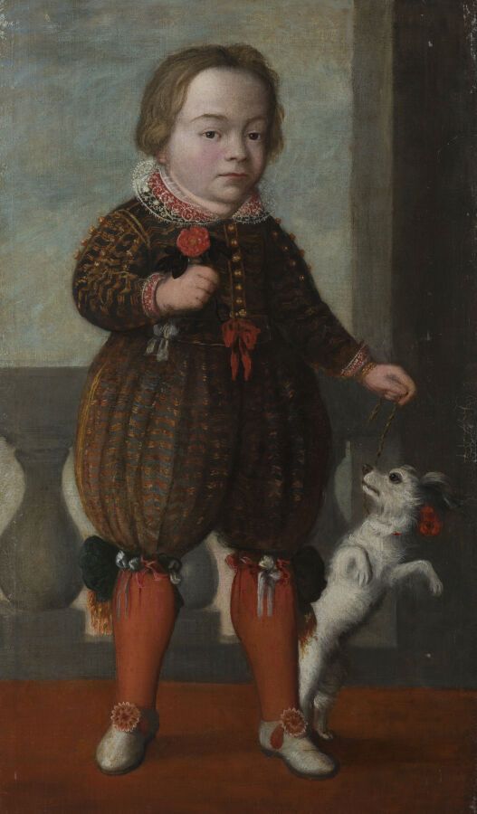 Null 17世纪的西班牙学校

带狗的孩子

布面油画（内衬）

104 x 61 cm

(一些重绘)

无框架