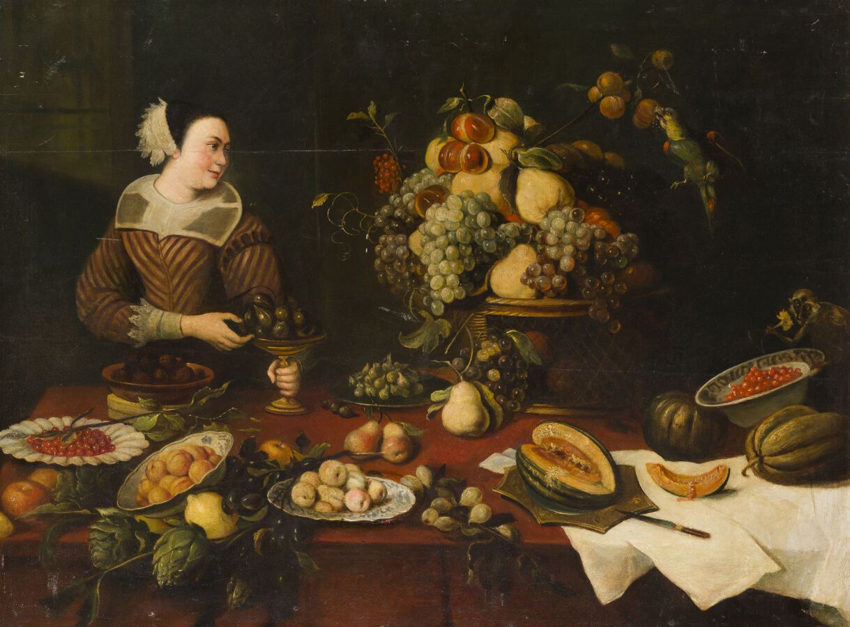 Null 弗朗斯-斯奈德斯（1579-1657）的追随者

桌子上摆满了装满各种水果的盘子和碗，还有一个装有梨、葡萄、李子等的篮子，还有一个仆人、一只猴子和一只&hellip;