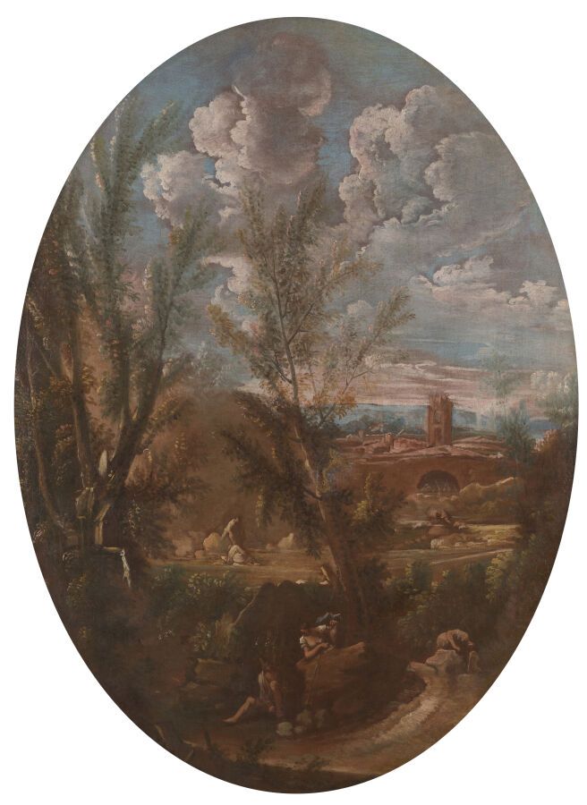 Null 1700年左右的热那亚学校，在Magnasco的品味中

在风景中休息的人

椭圆形画布上的油彩（19世纪初衬托）。

124 x 92 cm

(事&hellip;