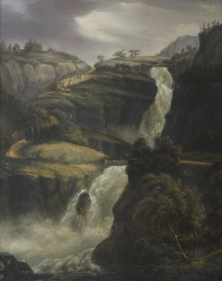 Null 归于1840年左右的瑞士或德国学派的作品

山区景观与瀑布

锌上油

31 x 25厘米

装在一个漂亮的镀金框架内，上面有棕榈树图案