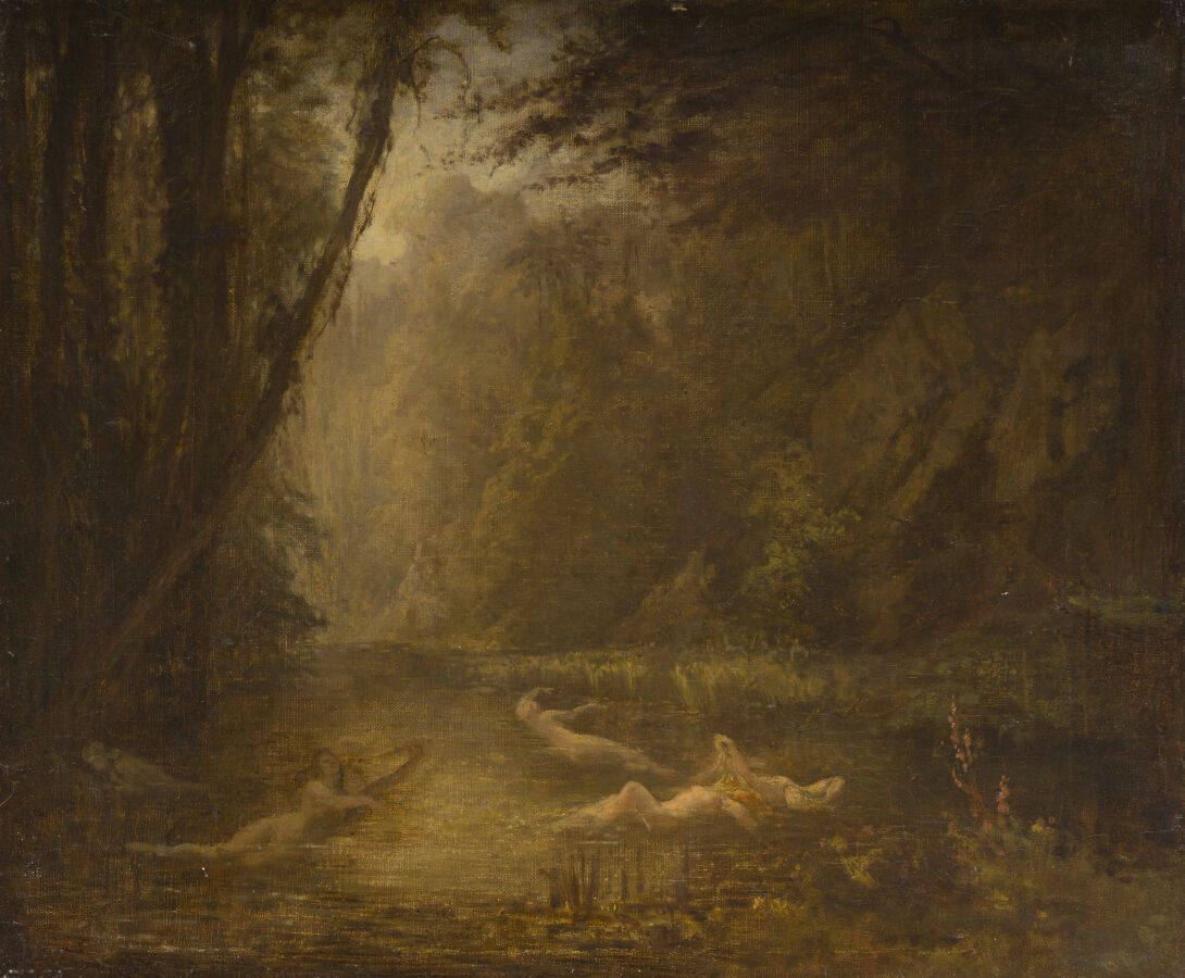 Null 归功于塞莱斯坦-南特伊（1813-1873）。

沐浴者

棕色单色的布面油画

50,5 x 61,5 m

无框架