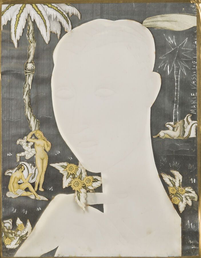 Null 玛丽-瓦西里耶夫 (1884-1957)
棕榈树下的女人画像
拼贴画，白色菱形和切割的图像，在银色的纸上，签名，位于 "巴黎"，并在顶部的右侧有日期。&hellip;
