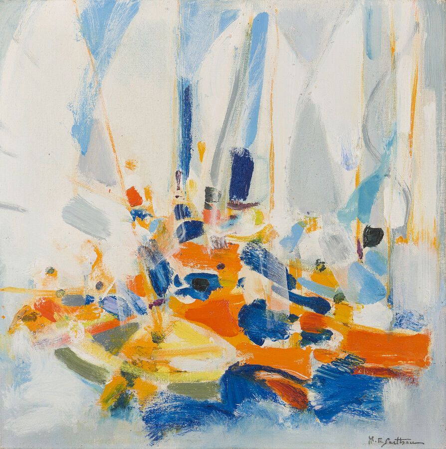 Null 莫里斯-埃利-萨特胡(1911-1999)
有红色船只的帆船赛，1960年
布面油画，右下方有签名。
50 x 50厘米。