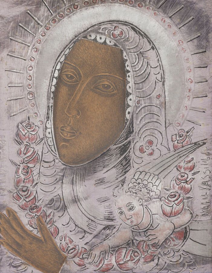Null 玛丽-瓦西里耶夫 (1884-1957)
圣母和小天使，1938年
银色纸上的钢笔画和纸上炭笔画，右下方有签名，左中部有位置和日期 "巴黎1938"。&hellip;