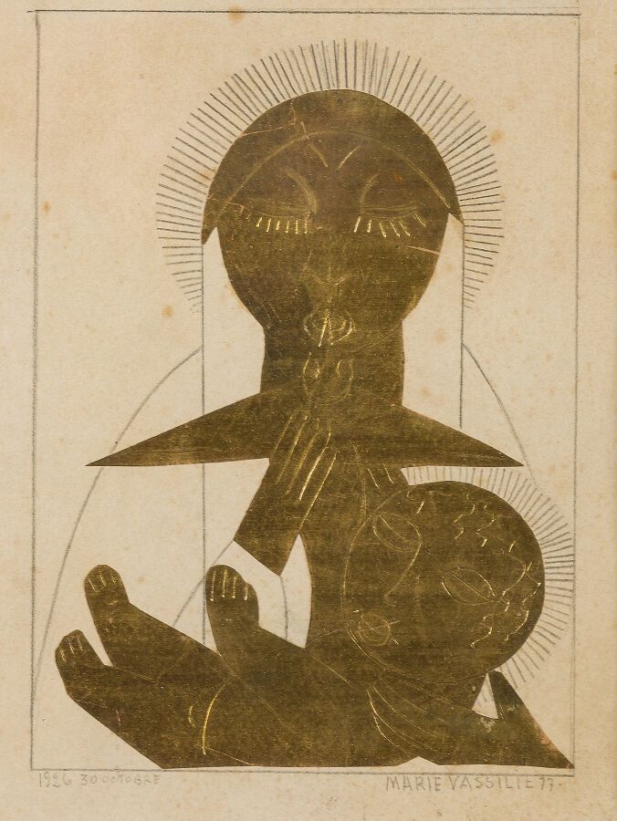 Null 玛丽-瓦西里耶夫 (1884-1957)
圣母与儿童，1926年
拼贴画，纸上刻有金纸和黑色铅笔，左下角有日期 "1926年10月30日"，右下角有签&hellip;