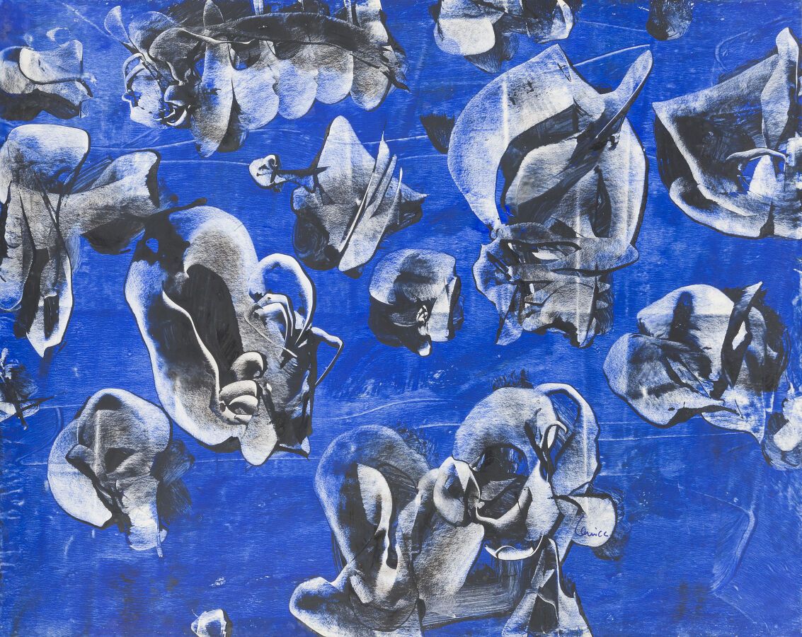Null 阿尔弗雷德-莱尼卡(1899-1977)
无题蓝色，1967年
纸上混合媒体，右下方有签名。
背面有副署，日期和地点为巴黎华沙。
50 x 65厘米。