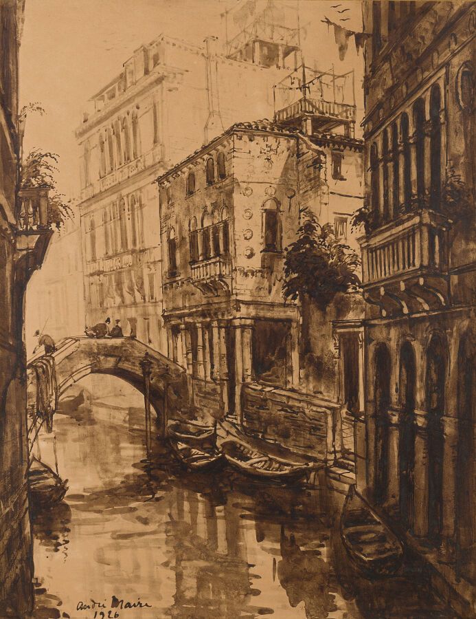 Null 安德烈-迈尔（巴黎，1898-1984年）
威尼斯的运河景观
深褐色的水洗。
左下方有签名，日期为1926年。
73 x 56,5 cm。
漂亮的现代&hellip;