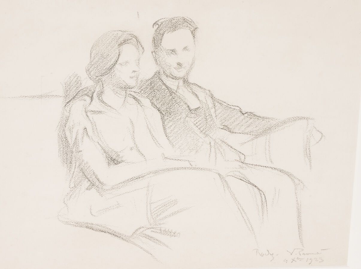 Null 维克多-普罗维(1858-1943)
艺术家的儿子让-普鲁威和他的未婚妻马德琳-肖特并排而坐的肖像。 
铅笔，右下角签名，位于罗得斯，日期为1923年&hellip;