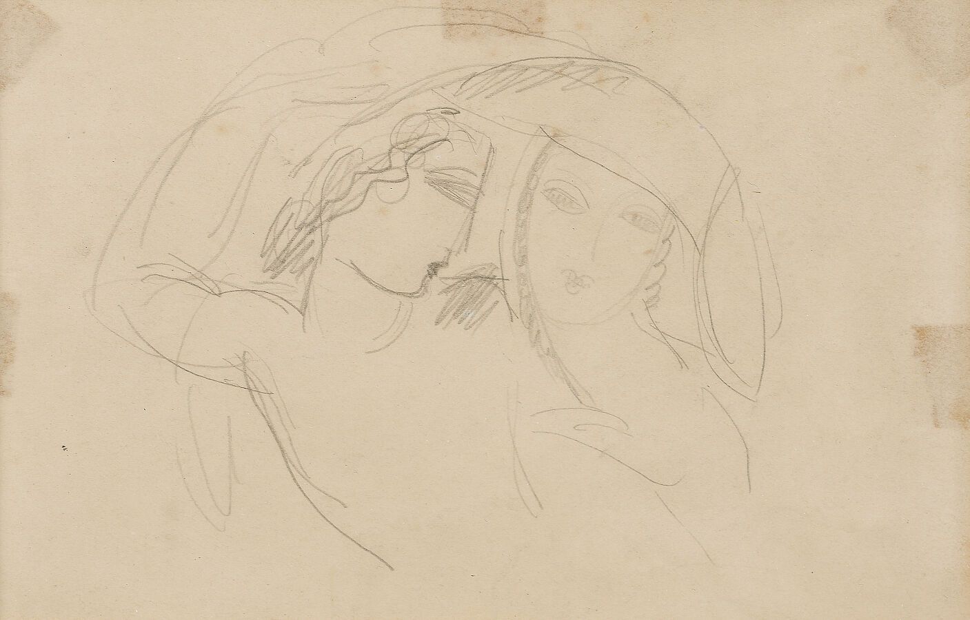 Null 归属于René BUTHAUD（1866-1986）。
两位年轻女性的半身像
黑色铅笔画。
11,5 x 17,7 cm。
(胶带的痕迹)。