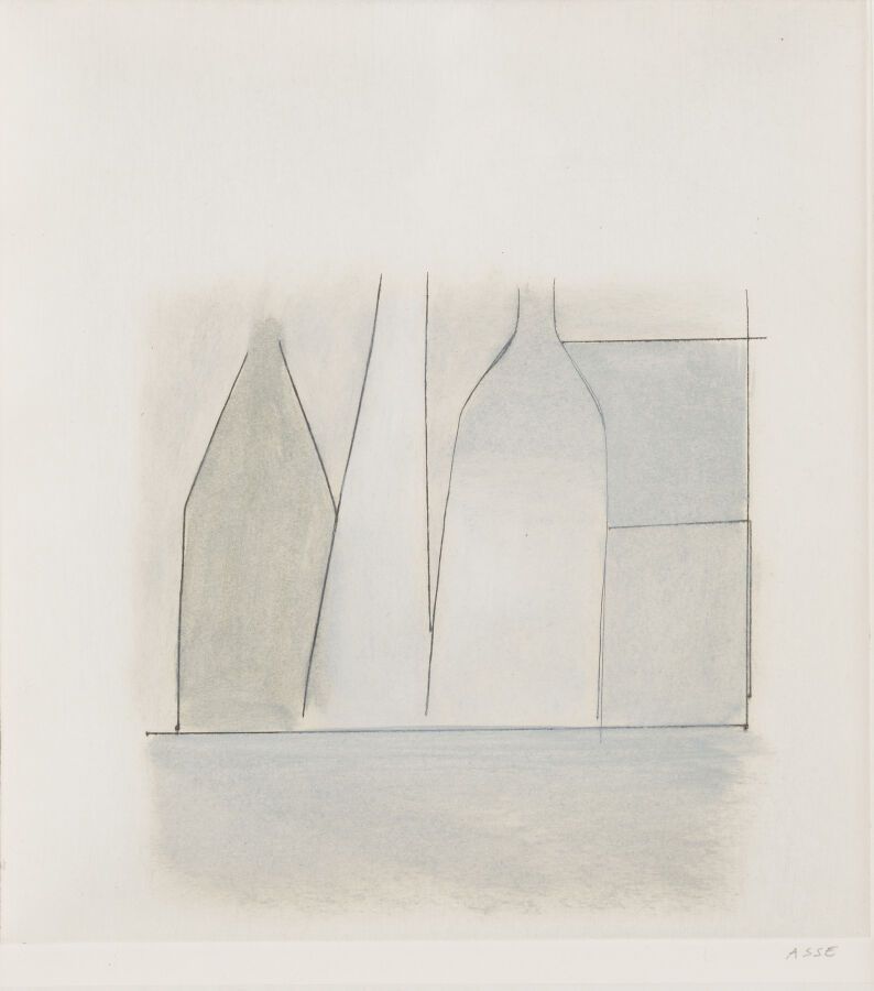 Null 吉纳维芙-阿塞 (1923-2021)
灰色背景的构图
彩色雕版画，右下方有铅笔签名。
19,5 x 17,5厘米。
有框。