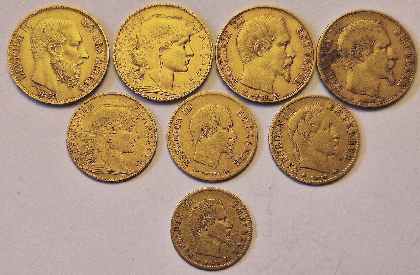 Null 法国和比利时。8枚硬币。比利时1868年20法郎，法国3x20法郎（Nap.III x 2，Coq），3x10法郎（Nap.III x 2，Coq），&hellip;