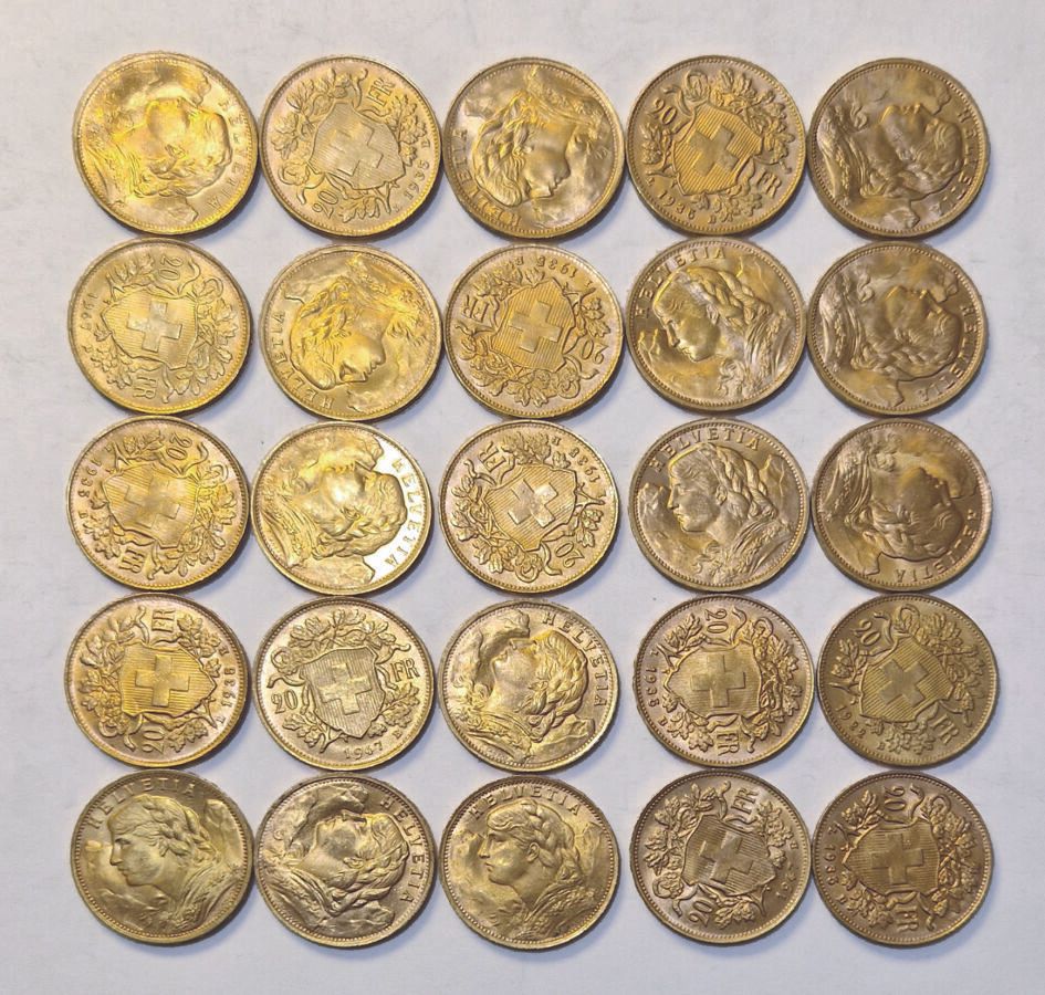 Null 瑞士。一批25件20法郎。各种日期。 SUP至SPL

出于安全考虑，金条和金币被保存在银行保险库中，并将在指定时间内出售。