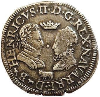 Null 纳瓦拉-贝亚恩。纳瓦拉的亨利三世、比尔恩二世和瓦卢斯的玛格丽特。1577年，Teston，9,4grs。Bd.616（15Frs）。 TTB