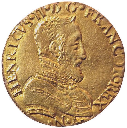 Null 法国。亨利二世，1547-1559年。金质的亨利第一型（Bust b）。1558 L.巴约纳。3grs。464 ex. Struck.在参考书中没有发&hellip;