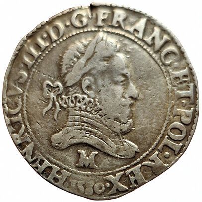 Null Enrique III. Frank con cuello fresado. 1580 M. Toulouse. 13,92grs. Gad.497.&hellip;