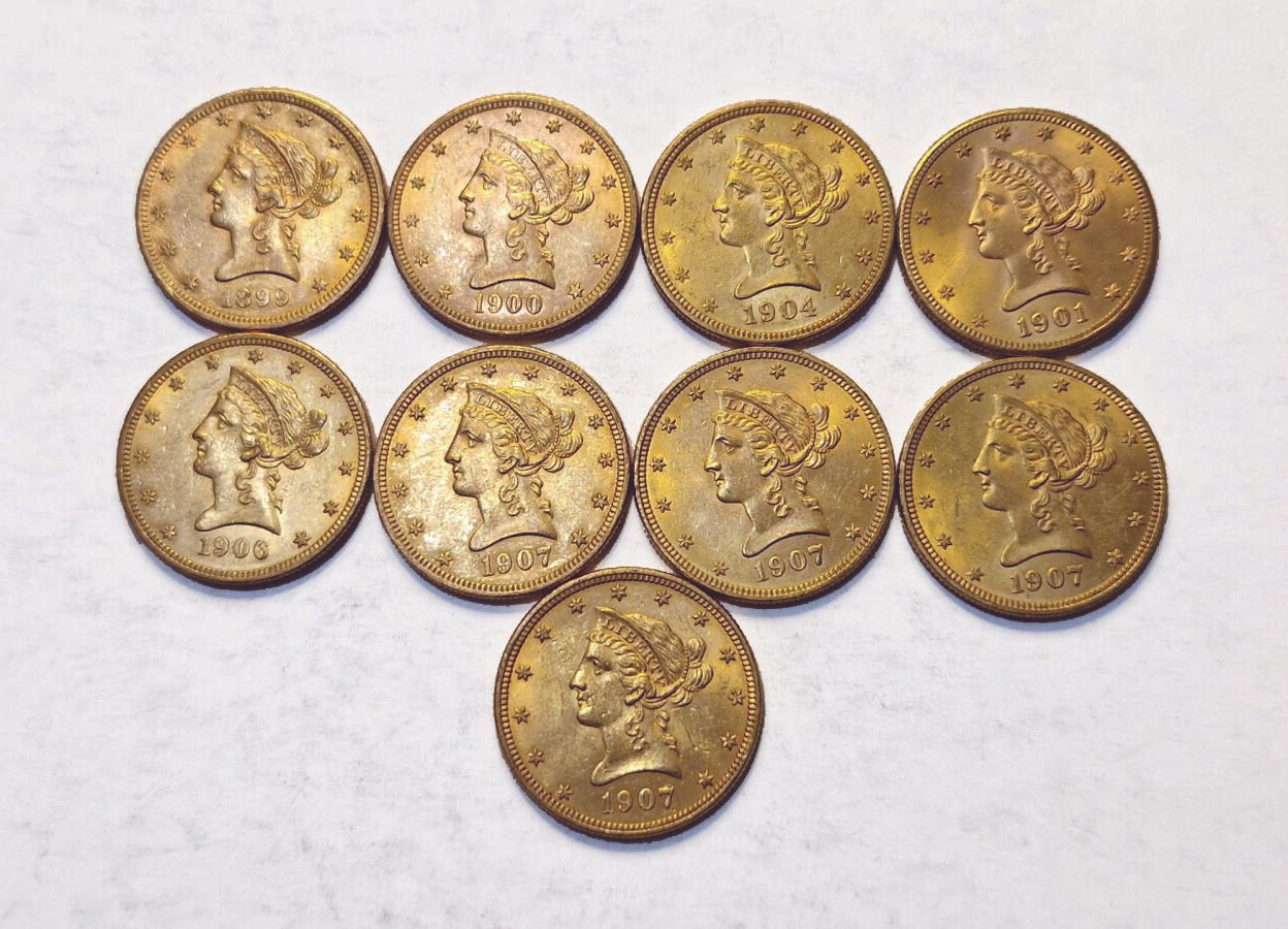 Null USA. 9 Münzen zu 10 Dollars Coronet Head. Verschiedene Daten und Werkstätte&hellip;