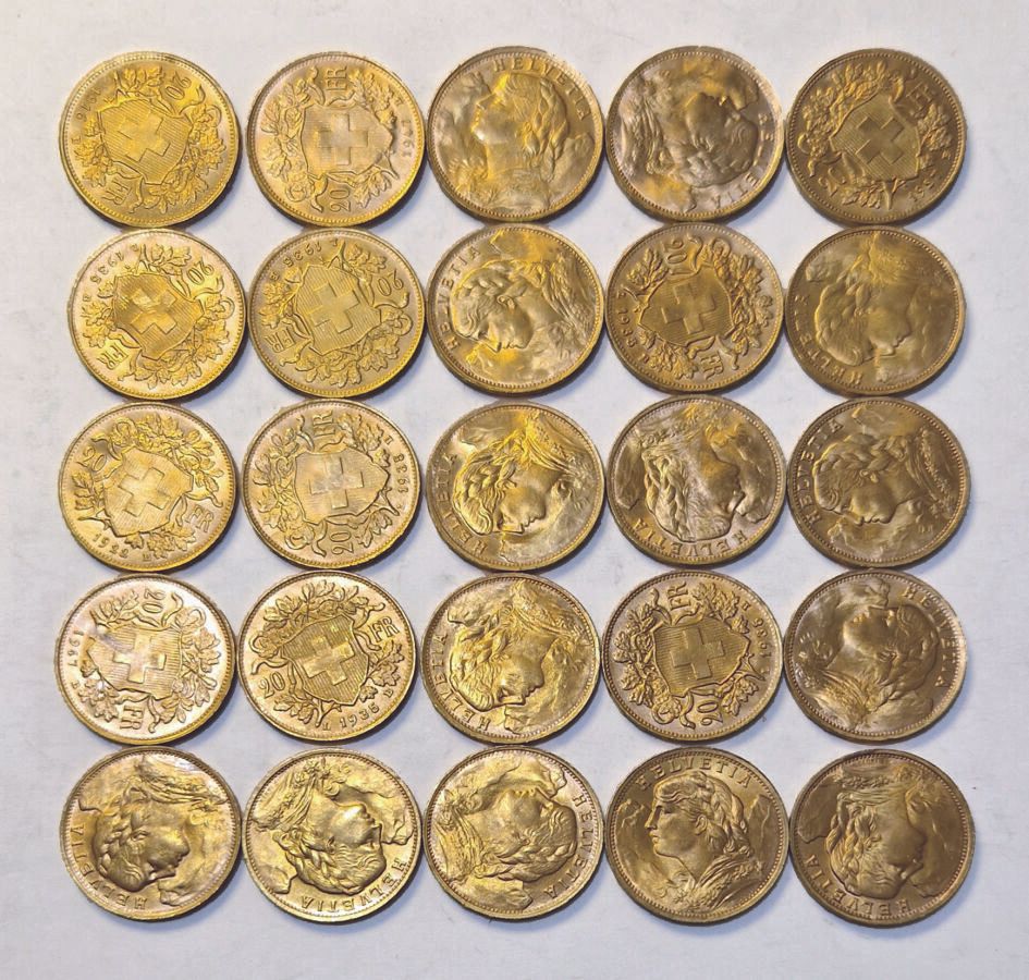 Null 瑞士。一批25枚20法郎的硬币。各种日期。 SUP至SPL

出于安全考虑，金条和金币被保存在银行保险库中，并将在指定时间内出售。