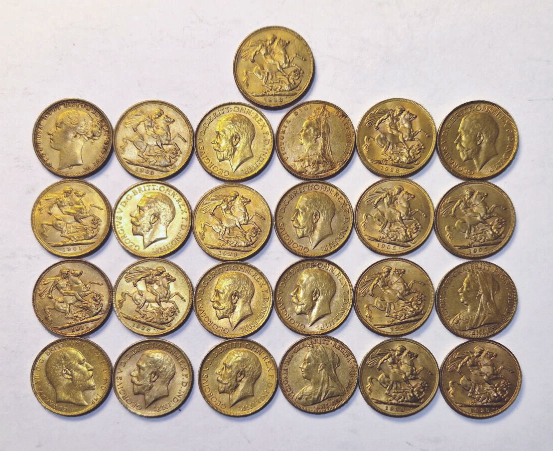 Null England. Lot of 25 coins of 1 Sovereign. Various dates. TTB to SUP

For sec&hellip;